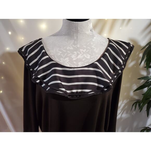 Lauren Ralph Lauren Stripe Satin Ruffle Neck 3/4 Sleeve Blouse Plus 2X Brown Top - Picture 5 of 9